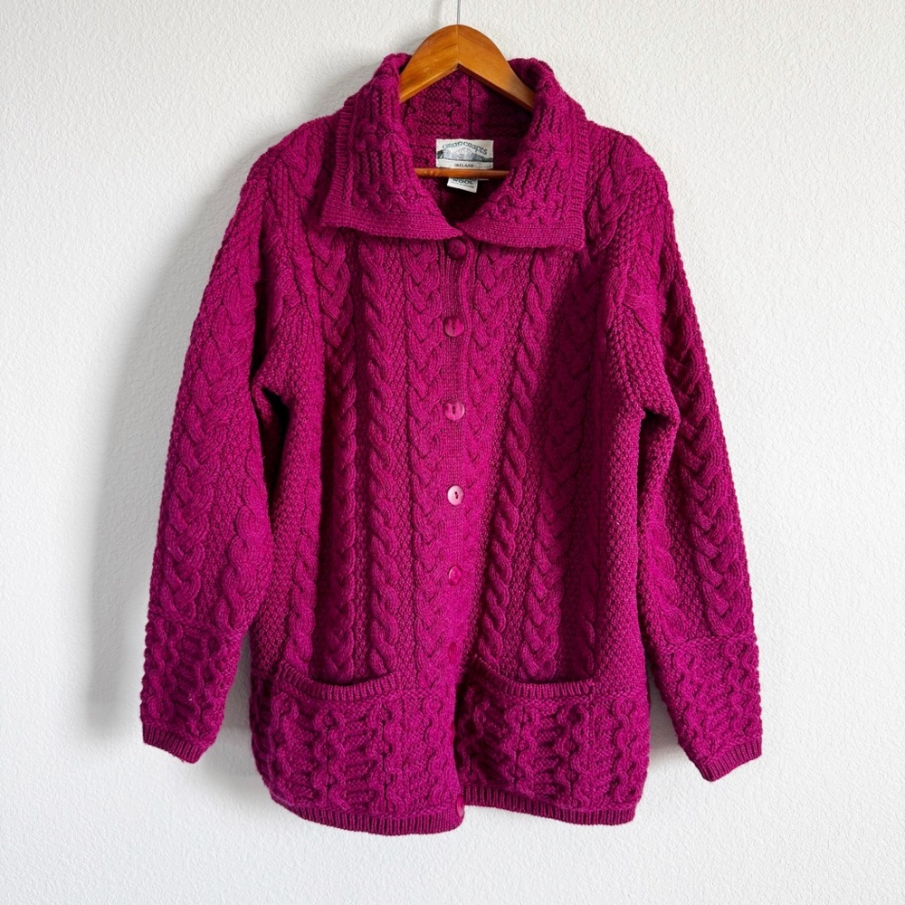 Aran Crafts Women's Magenta Pink Cableknit 100% Merino Wool Cardigan Sweater L